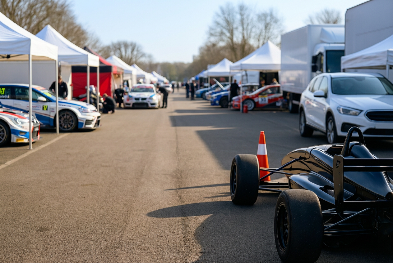 Motorsport paddock with race cars and tents